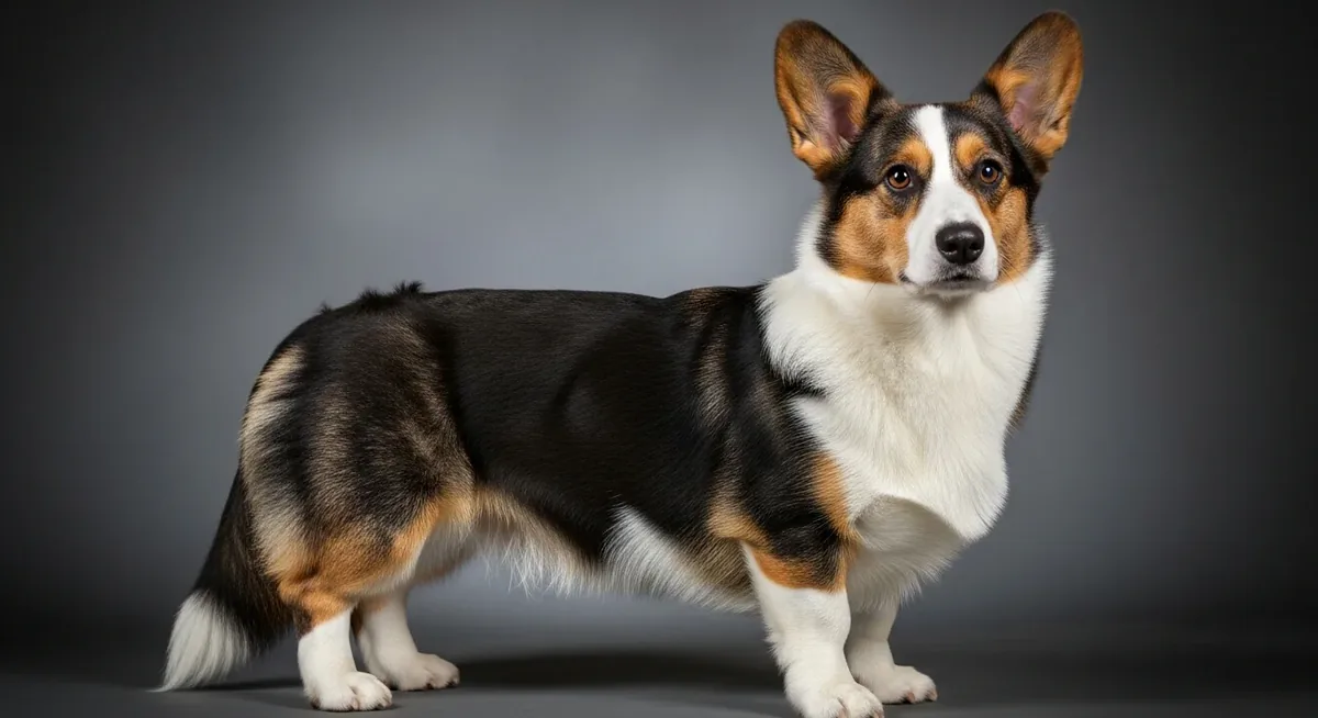 Welsh Corgi Cardigan tricolore de profil, longue queue touffue, pour comparaison avec le Pembroke